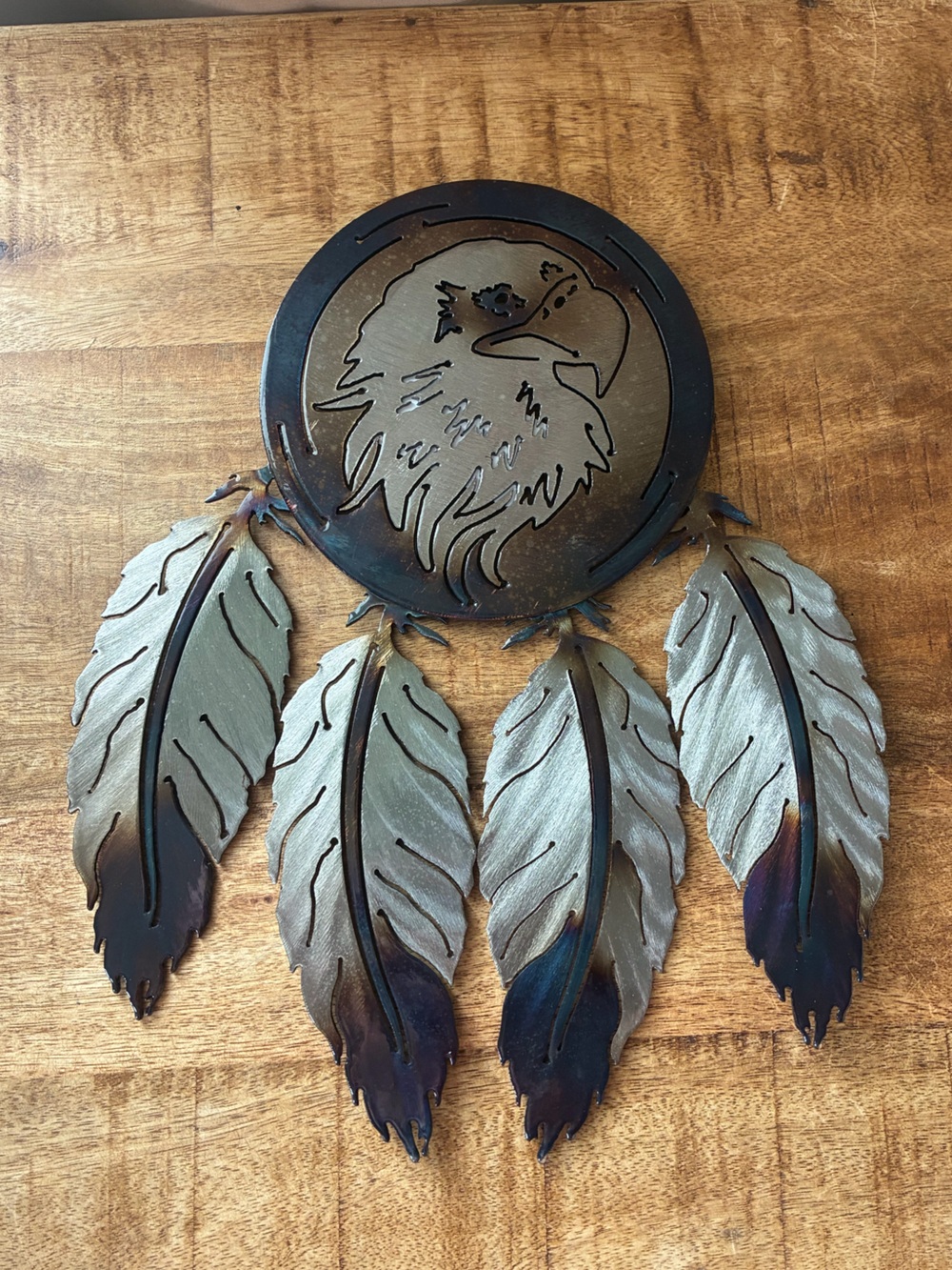 Metal Wall Art Etched Eagle and Feathers